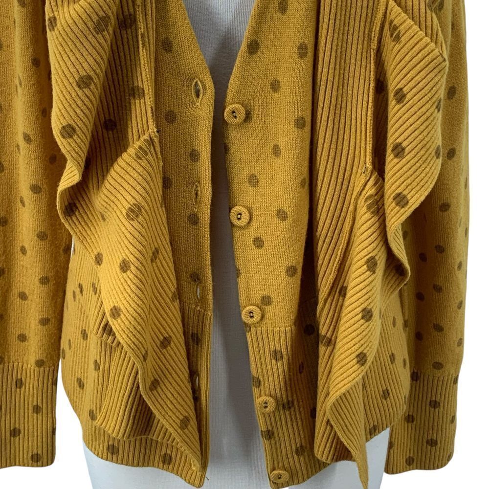 Anthropologie Moth Van Wrinkle Ruffle Neck Yellow Wool Polka Dot Cardigan Size L - Picture 10 of 12